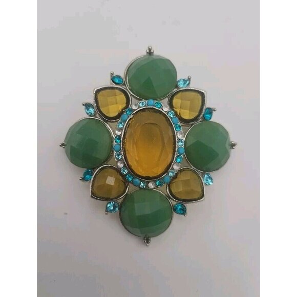 Vintage Green Yellow Blue Heart Acrylic Bold Statement Brooch Retro Large 3 Inch - Picture 9 of 9